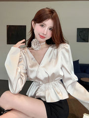 Hnewly 3D Floral Satin Shirt Women Long Sleeve Elegant Vintage Blouse Korean Casual Sexy V Neck Slim Female Champagne Tops Spring
