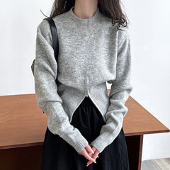 Hnewly Cinched Waist Sweater for Women Pullovers Long Sleeve Mock Neck Plain Knitted Jumper with Zip Front Trendy Fall Winter Outfit