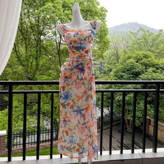 Hnewly Fashion Women Dress Sleeveless Square Collar Print Female Summer Evening Party Dresses New Tide