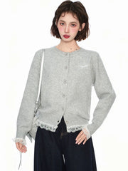 Hnewly Lace Patchwork Retro Cardigan Women Streetwear Long Sleeve O Neck Knitted Sweaters American Casual Letter Vintage Fall Tops