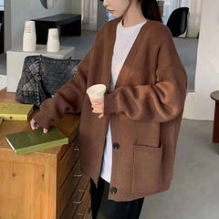 Hnewly Slouchy Knit Cardigan Sweater for Women Long Sleeve V-neck Comfy Button Up Sweater Jacket Female Autumn Winter Casual Outfit