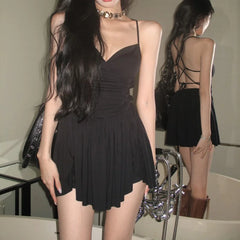 Hnewly DRESS TO IMPRESS Sexy Cross Lace Up Dresses Backless V-neck Pleated Mini Dress for Women Summer Spicy Girl Slim Black Sleeveless Sundress Party