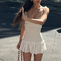 Hnewly Casual Off Shoulder Ruffle Halter Dresses Sexy Women's Sleeveless A line Mini Dress Summer Temperament Street Vestidos