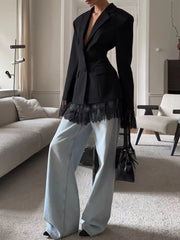 Hnewly Elegant Lace Blazer Coat Women Fashion Office Lady Full Sleeve Single Breasted Jackets New Autumn Black Casual Slim Coats