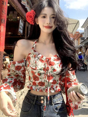 Hnewly Summer French Vintage Vest Office Lady Y2k Crop Top Women Design Casual Sexy V-Neck Sexy Floral Blouse Outwear Korean