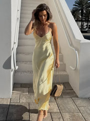 Hnewly Fashion Solid Stain Sling Maxi Vestido Chic Sleeveless Backless V Neck Off Shoulder Slim Dress 2025 New Summer Lady Evening Wear