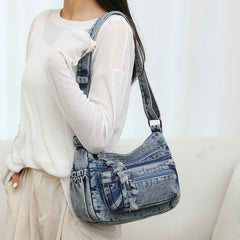 Lunivop Washed Denim Shoulder Bags Women Small Canvas Messenger Bags Many Zipper Cloth Crossbody Bags 100% Cotton Female Packages Young