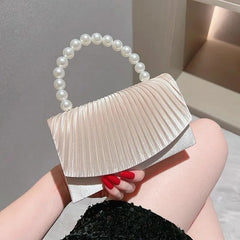 Hnewly Beige Pleated Handbag Women Pearl Handle Flap Shoulder Bag Ladies Elegant Fashion Banquet Desiqner Luxury Crossbody Bag New