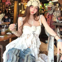 Hnewly American Vintage Lace Strap Vest Women Summer Sleeveless T-shirts 2000s Retro Clothing Harajuku Korean Tees Design Y2k Crop Top