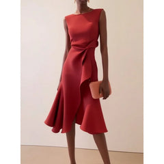Hnewly Red Sleeve Dress Female Spring Summer Women Slim Waist Knot Front Ruffle Detail Cocktail Mermaid Dresses