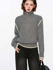 Hnewly Streetwear Retro Gray Sweaters Women Loose Harajuku Long Sleeve Knitted Pullover Y2K American Turtleneck Vintage Jumper New