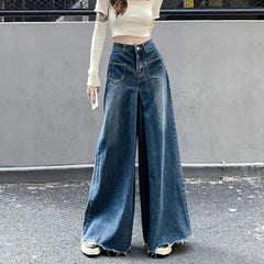 Hnewly outfit ideas Woman High Waist Vintage Designer Wide Leg Jeans Female Gothic Loose Straight Leg Pants Girls Blue Light Blue Denim Trousers