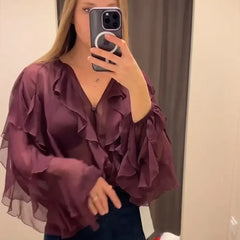 Hnewly Fashion Women Stacked Lotus Leaf Edge Blouse Casual Long Sleeve V Neck Mesh Sheer Loose Shirt New Style Female Commute Top