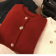 Hnewly Solid O-Neck Sweater French Elegant Single Breasted Women's Spring Autumn Winter New Fashion All-match Long Sleeve Top Coat