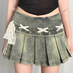 Hnewly Bow Lace Up Blue Washed Denim Skirt for Women American Vintage Pleated A-line Skirts 2025 Summer New Faldas Sexy Mujer