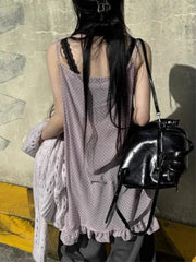 Hnewly Harajuku Japanese Style Tank Tops Women Vintage Polka Dot Ruffle Sleeveless Mesh Dress Sexy See-through Layered Wear