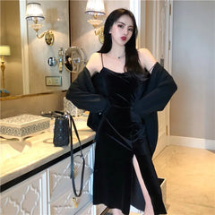 Hnewly New Vintage Women Dress Spaghetti Strap Slit Velvet Black Dress Sexy Bodycon Bandage Dress Midi Party Dress Verano Vestidos