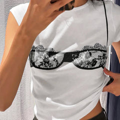 Hnewly Chic Print White Short Sleeve Crop Top Women Casual Crewneck Skinny Tee Shirts Summer Basic T Shirt y2k Aesthetic Shirts