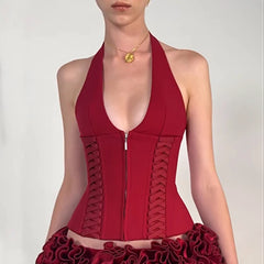 Hnewly Fashion Cross Tie Zipper Slim Women's Vest Sexy Off Shoulder Backless Sleeveless Halter Top Casual Summer Street Camis