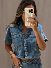 Hnewly Two-pieces Skirts Suits Women's Slim Short Sleeves Buttons V-neck Tops Straight Skirt 2026 New Ladies Spring Summer Outfit