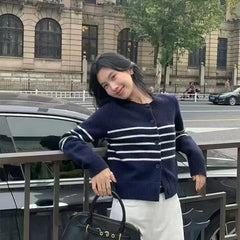 Hnewly Striped Cardigan Sweater Women Long Sleeve O-neck Button-down Striped Knit Jacket Cardi Teen-girl Fall Winter Casual Outfit
