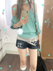 Hnewly Summer Fake Two Pieces Patchwork Casual T-shirt Y2k Aesthetic Stripe Slash Neck Sexy Vintage Tshirts Harajuku Loose Grunge Tops