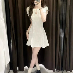 Hnewly Young Women's New Chinese Style Reformed Qipao Short Size Waist Inward Dress Floral Embroidery Fly Sleeve Summer Dress