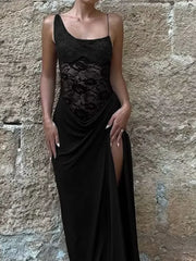 Hnewly Sexy Party Women's Dress Halter Sleeveless Backless Side Split Lace Solid Female Dresses Summer Evening Elegant Lady Robe