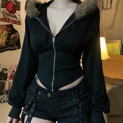 Hnewly y2k Jacket Women Punk Gothic Clothes Solid Color Fur Collar Zip Up Long Sleeve Coat 2000s Grunge Clothing Streetwear