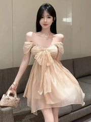 Hnewly Mini Dresses Women Rhinestone Off Shoulder Bow Slim Backless Irregular Solid Backless Party Dress Elegant Ladies Sweet