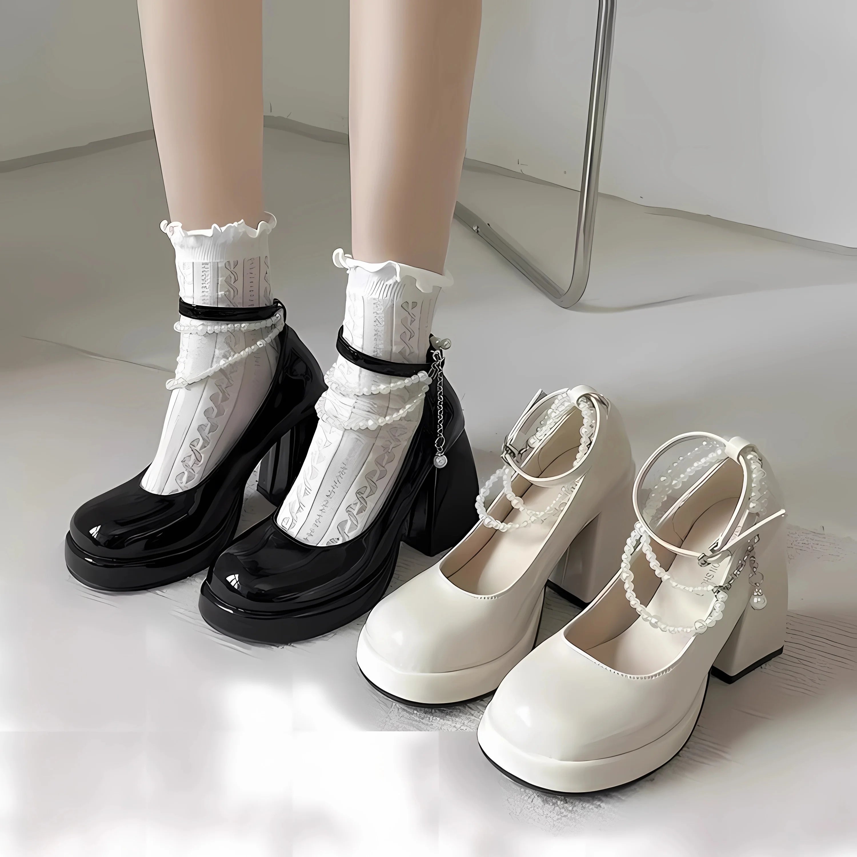 BACK TO SCHOOL Fashion Ankle Strap Pearl Pumps for Women 2024 New High Heels Platform Mary Janes Woan Round Toe Thick Heel Party Shoes Female