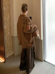 Hnewly Label Patchwork Leopard Cardigan Sweater Women Retro Ripped Tassels Button Down Knit Jacket Thick Warm Winter Outwear