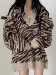 Hnewly Women's Zebra Gothic Pullover Knitted Torn Sweater Harajuku 90s Aesthetic Y2k Long Sleeves Sweaters Jumper Vintage 2000s Clothes