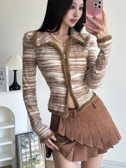 Hnewly Striped Knit Sweater Cardigan Y2K High Street Women Autumn Turn-down Collar Zipper Sweaters Coat Female Casual Korean