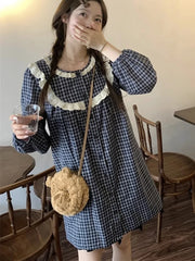 Hnewly Vintage Cute Plaid Dress Women Loose Lace Patchwork Long Sleeve Mini Dress Japan Retro Female Casual Kawaii Vestidos New