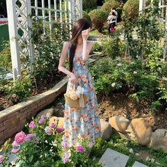 Hnewly Gentle Suspender Floral Vacation New Summer Oil Painting Temperament Beach Dress Long Dress French Seaside