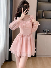 Hnewly Women Pink Patchwork Chiffon Chic Ruffled Short Dress Spring Elegant Diamonds Kawaii Dress 2024 Korean Fashion Bodycon Vestidos
