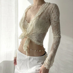 Hnewly Ruched Patchwork Lace Crop Top Chic Bandage Split Sexy Transparent Tees Smock Women Casual Y2k Clothes Ladies Elegant Tee