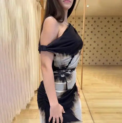 Hnewly Autumn New One - Shoulder Sleeveless Slant Neck Floral Pattern Maxi Dress for Women, Elegant Draped Bodycon Bag Hip Long Dress
