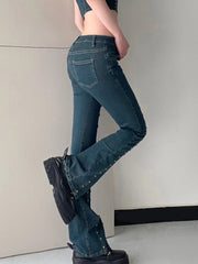 Hnewly Hotsweet Cowboy Girl Chic Rivets Flare Jeans for Women Vintage Slim Low Waisted Jean Pants Aesthetic Y2K Denim Trousers