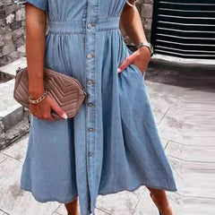 Hnewly Elegant Loose Women's Blue Dress Button Shirt Short Sleeve High Waist Single Breasted Summer Long Maxi Dresses Vestidos
