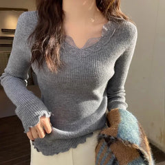 Hnewly Gentle Sweater Women Lace V-neck Basic Knitted Pullovers Comfortable All-match Streetwear Spring Fall Fashion Soft Design Sweet