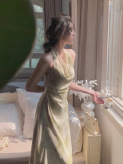 Hnewly Vintage Sexy Sleeveless Neck-mounted Party Maxi Dresses for Women Halter Spaghetti Strap Folds Midi Dress Elegant Fashion Summer