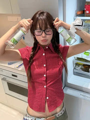 Hnewly Pure Cotton Red Plaid Shirt Women Slim Sexy Cropped Short Sleeve Y2K Blouse Vintage American Streetwear Female Summer Tops