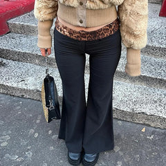 90s Leopard Print Patchwork Leggings Pants Women Casual Low Rise Skinny Flared Pants Korean Style Streetwear y2k Trousers