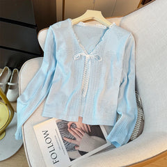 Hnewly Sweet Lace Trim Heart Hollow Knit Cardigan Women's V-Neck Long Sleeve Early Autumn Bow Tie Loose Fit Female Short Tops