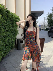 Hnewly Retro oil painting printed camisole dress women in summer slim fit irregular skirt design waist cinching A-line short skirt