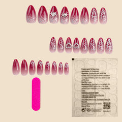 Hnewly Almond Red Press-on Nail Silver Spiderweb Pattern Heart Decor Artificial Nail for Women and Girl Party Activity