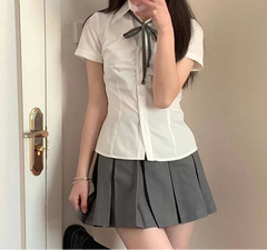 Hnewly Shirts Women Solid Preppy Simple Slim Summer Short Sleeve Chic Folds Leisure Female Korean Style All-match New Design Clothing