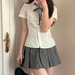 Hnewly Shirts Women Solid Preppy Simple Slim Summer Short Sleeve Chic Folds Leisure Female Korean Style All-match New Design Clothing